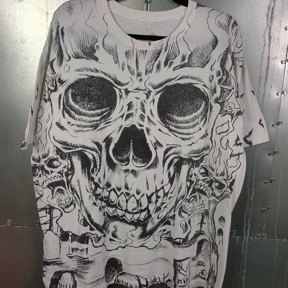 Skull Vintage Grunge Cyber Goth Horror Big Print Shirt XL Y2K Halloween Emo